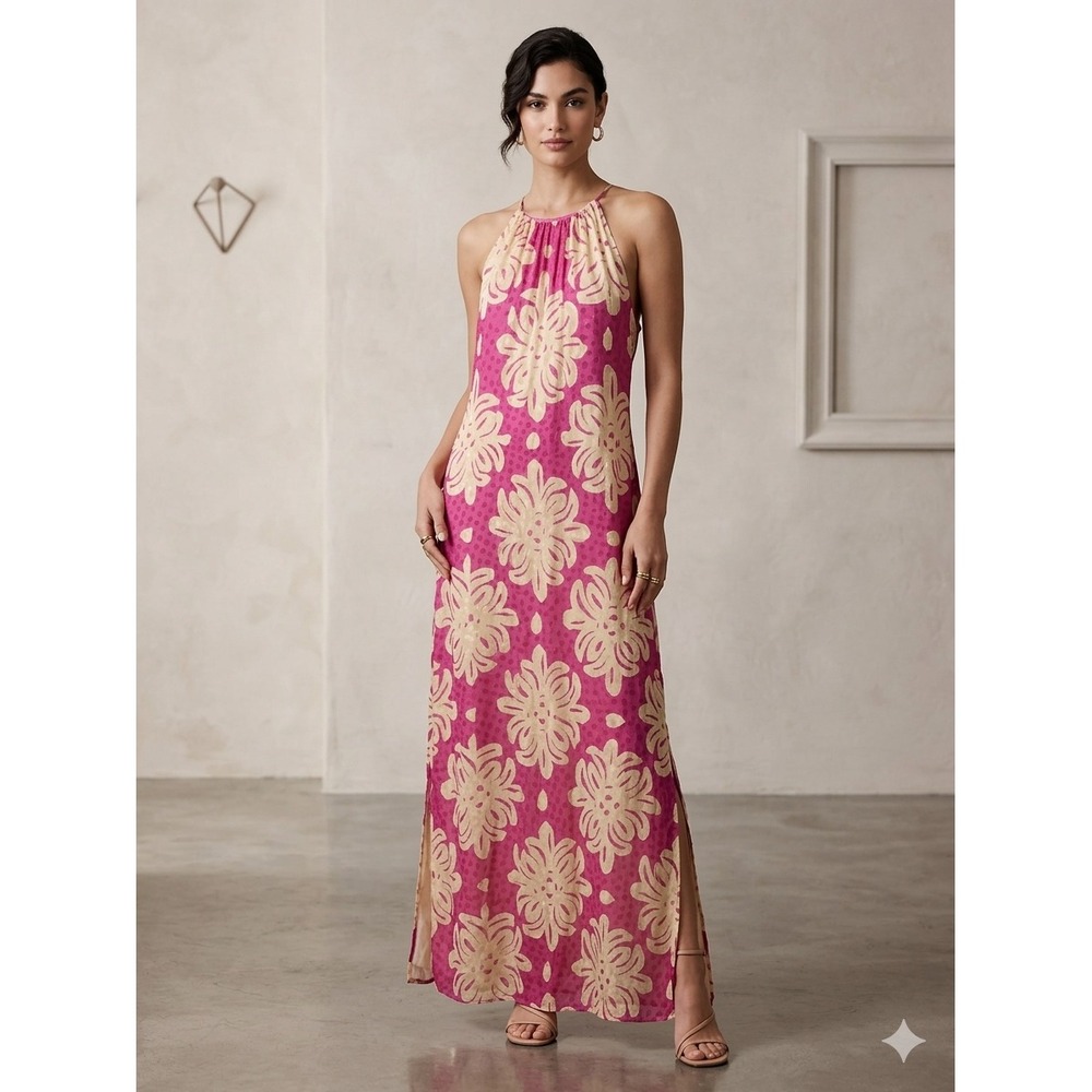 Vineyard Vines Pink Floral Silk Blend Halter Maxi Dress Size 6